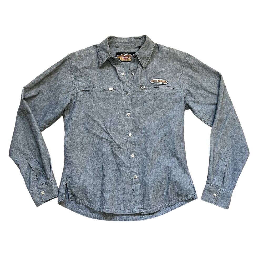 Harley Davidson Collared Shirt Long Sleeve 100% Cotton Women's Small Gray